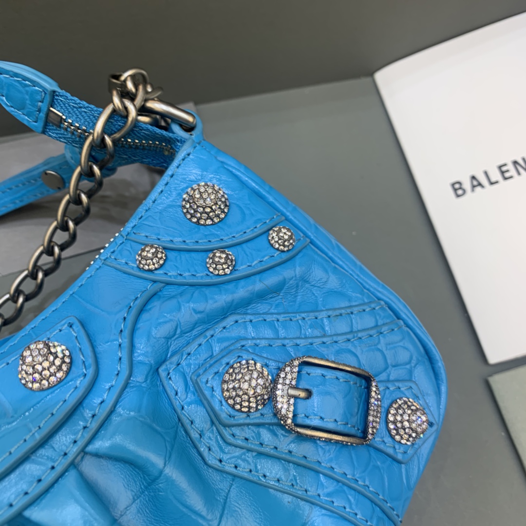 Balenciaga Le Cagole Mini Bag With Chain Crocodile Embossed Rhinestones Shoulder Bag Blue 